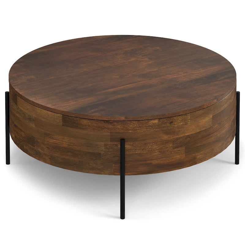Table basse tambour ronde en manguier massif, coloris blanc vieilli/noyer/naturel, avec pieds en métal noir - Usage unique
