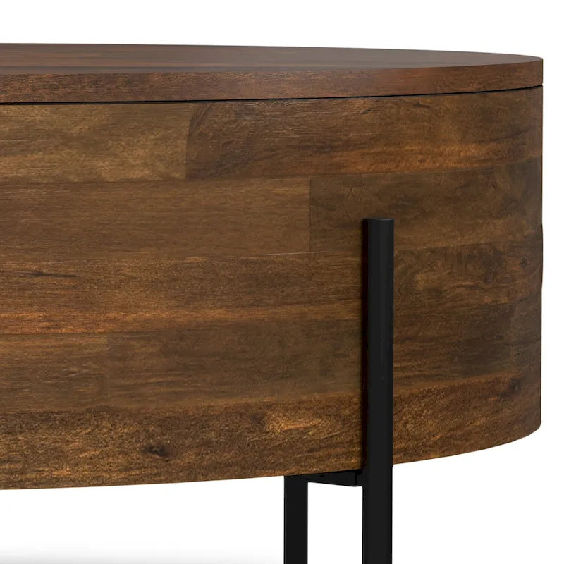Table basse tambour ronde en manguier massif, coloris blanc vieilli/noyer/naturel, avec pieds en métal noir - Usage unique