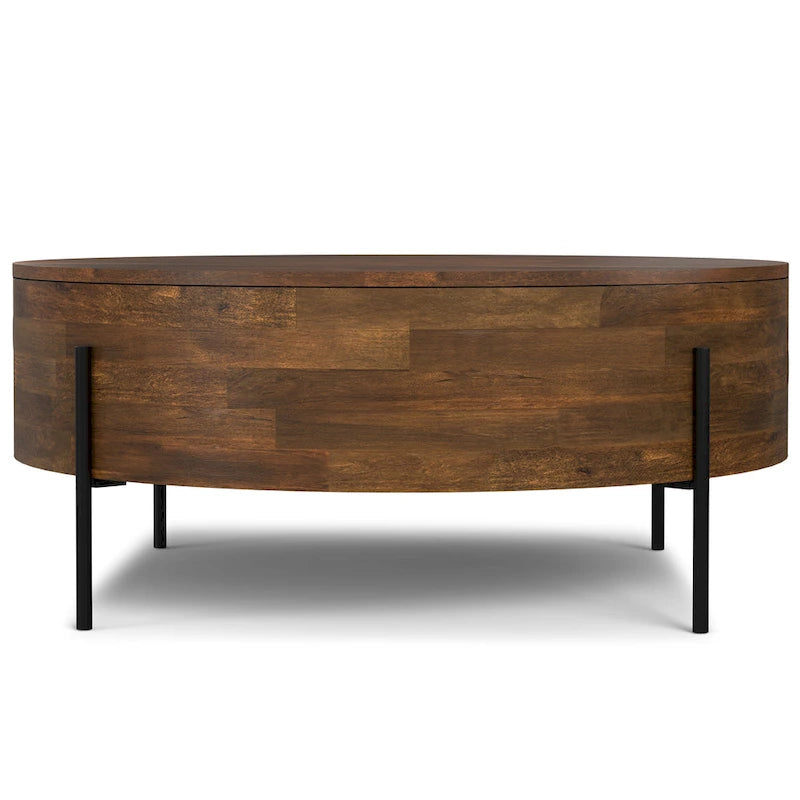 Table basse tambour ronde en manguier massif, coloris blanc vieilli/noyer/naturel, avec pieds en métal noir - Usage unique