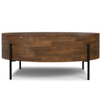 Table basse tambour ronde en manguier massif, coloris blanc vieilli/noyer/naturel, avec pieds en métal noir - Usage unique