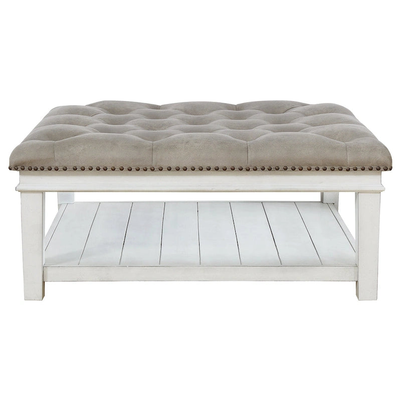 Table basse ottomane carrée capitonnée en similicuir blanc avec étagère inférieure - Usage unique