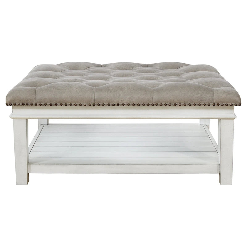 Table basse ottomane carrée capitonnée en similicuir blanc avec étagère inférieure - Usage unique