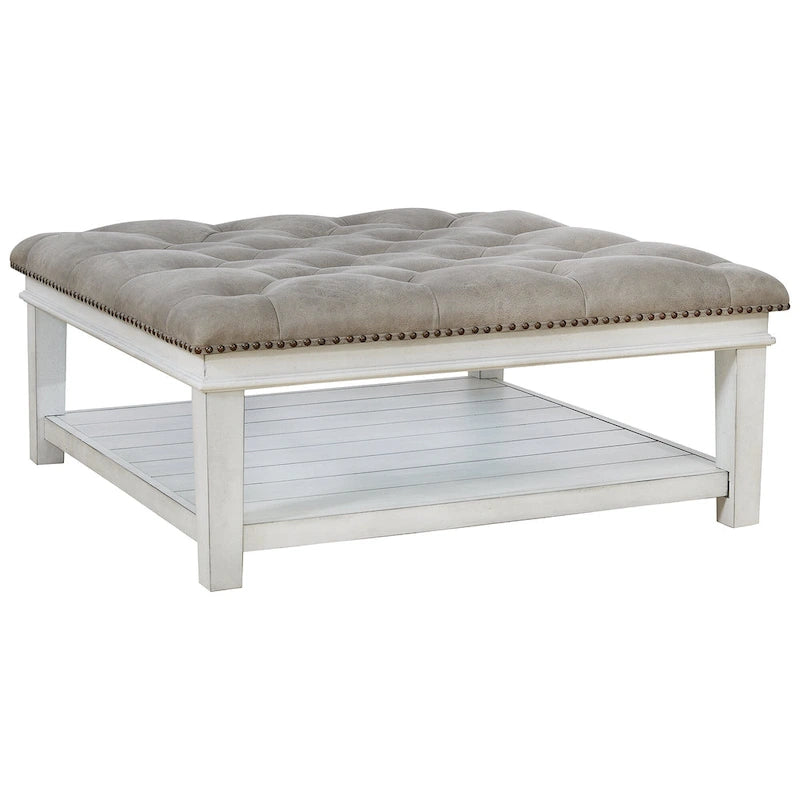 Table basse ottomane carrée capitonnée en similicuir blanc avec étagère inférieure - Usage unique