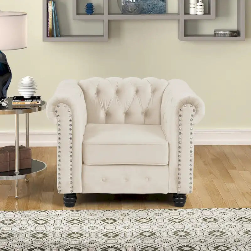 Fauteuil Chesterfield en velours beige/bleu/gris avec capitonnage, garniture cloutée et pieds en bois - Usage unique