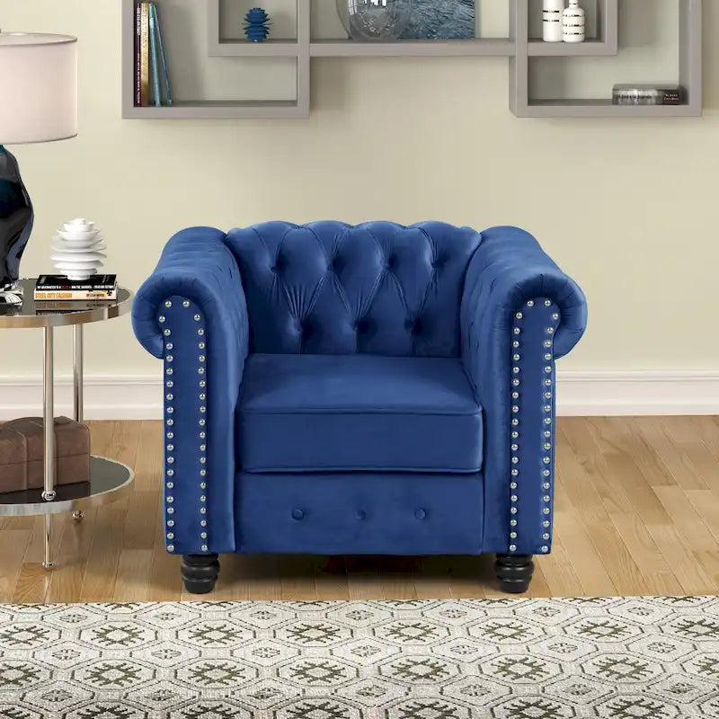 Fauteuil Chesterfield en velours beige/bleu/gris avec capitonnage, garniture cloutée et pieds en bois - Usage unique
