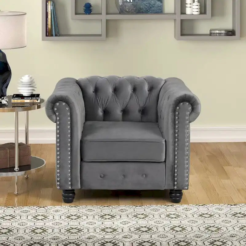 Fauteuil Chesterfield en velours beige/bleu/gris avec capitonnage, garniture cloutée et pieds en bois - Usage unique