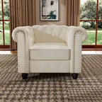 Fauteuil Chesterfield en velours beige/bleu/gris avec capitonnage, garniture cloutée et pieds en bois - Usage unique