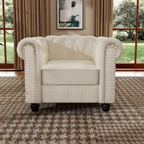 Fauteuil Chesterfield en velours beige/bleu/gris avec capitonnage, garniture cloutée et pieds en bois - Usage unique