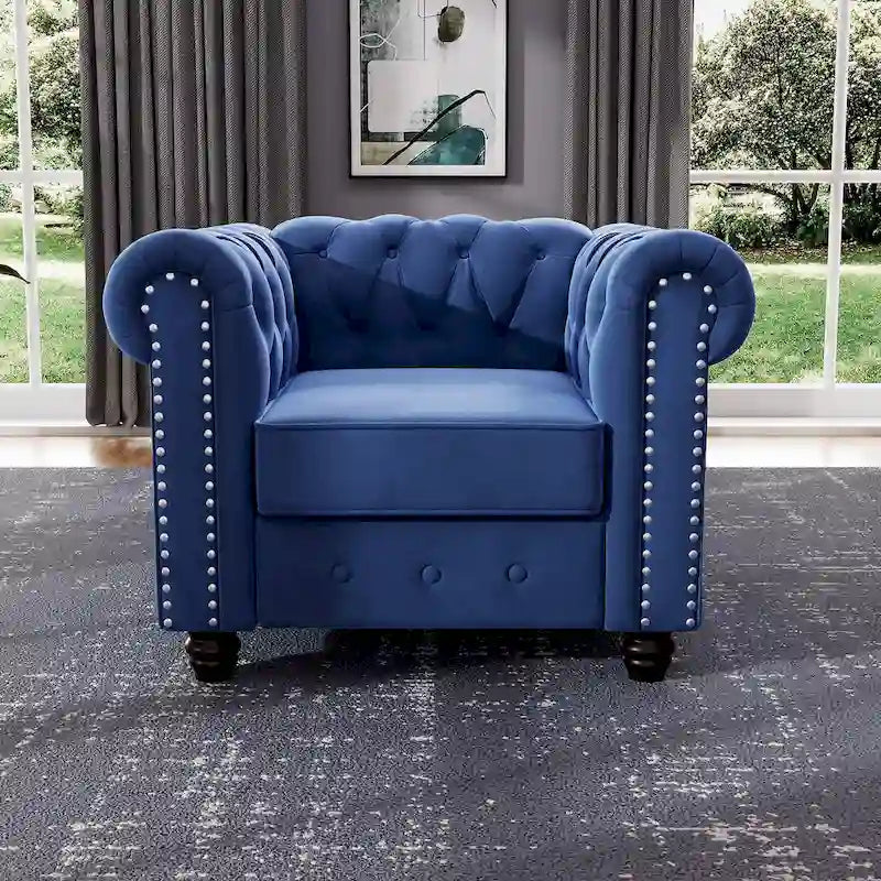 Fauteuil Chesterfield en velours beige/bleu/gris avec capitonnage, garniture cloutée et pieds en bois - Usage unique