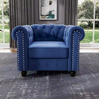 Fauteuil Chesterfield en velours beige/bleu/gris avec capitonnage, garniture cloutée et pieds en bois - Usage unique