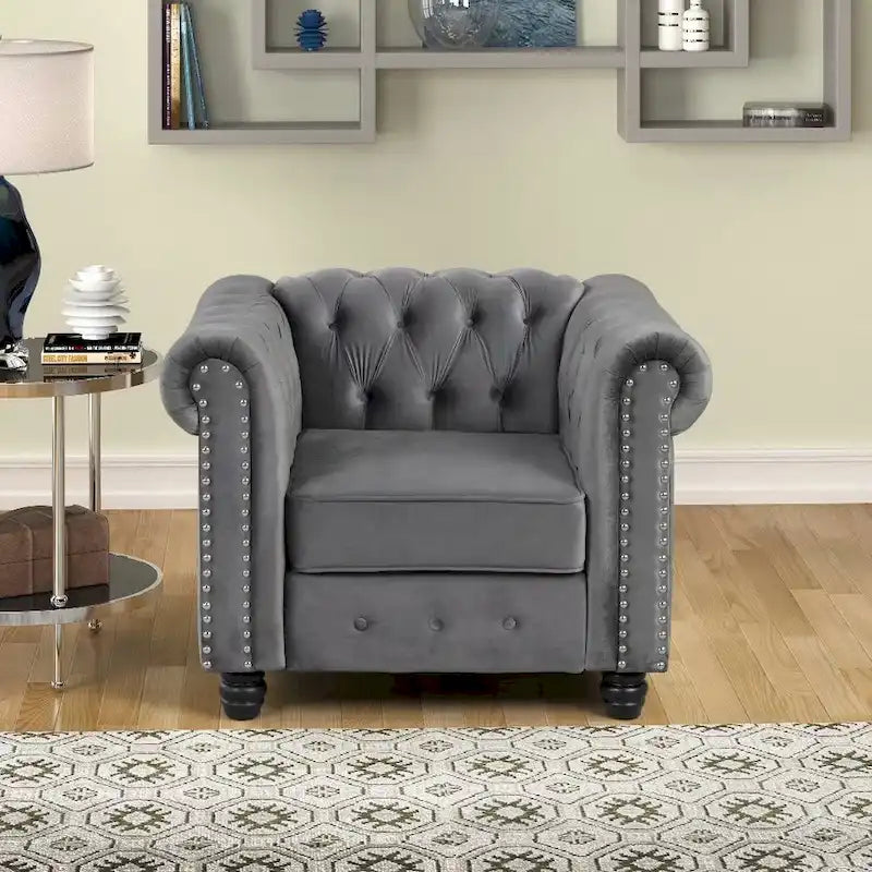Fauteuil Chesterfield en velours beige/bleu/gris avec capitonnage, garniture cloutée et pieds en bois - Usage unique