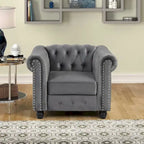 Fauteuil Chesterfield en velours beige/bleu/gris avec capitonnage, garniture cloutée et pieds en bois - Usage unique