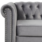 Fauteuil Chesterfield en velours beige/bleu/gris avec capitonnage, garniture cloutée et pieds en bois - Usage unique
