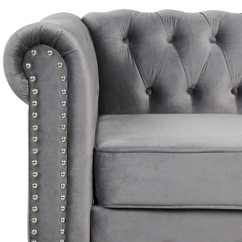 Fauteuil Chesterfield en velours beige/bleu/gris avec capitonnage, garniture cloutée et pieds en bois - Usage unique