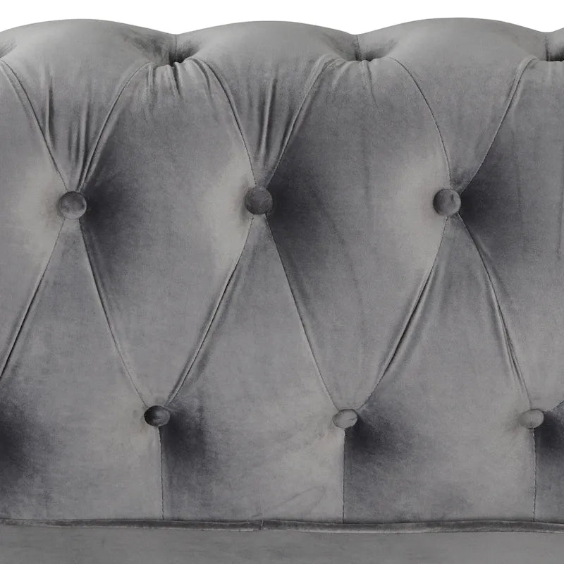 Fauteuil Chesterfield en velours beige/bleu/gris avec capitonnage, garniture cloutée et pieds en bois - Usage unique