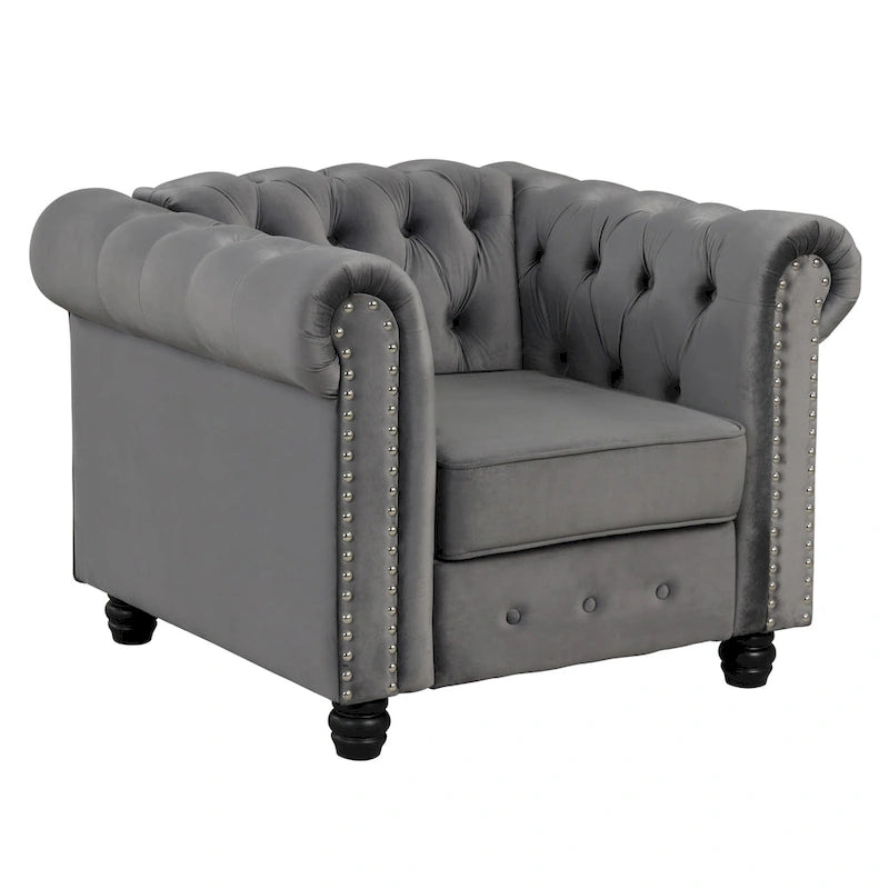 Fauteuil Chesterfield en velours beige/bleu/gris avec capitonnage, garniture cloutée et pieds en bois - Usage unique