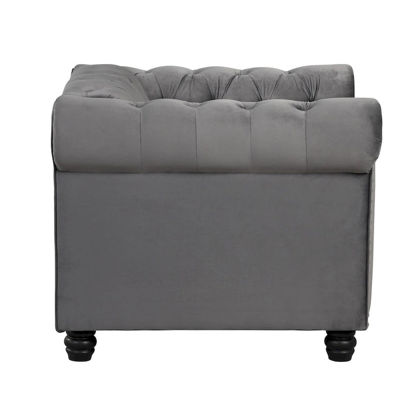 Fauteuil Chesterfield en velours beige/bleu/gris avec capitonnage, garniture cloutée et pieds en bois - Usage unique