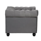 Fauteuil Chesterfield en velours beige/bleu/gris avec capitonnage, garniture cloutée et pieds en bois - Usage unique