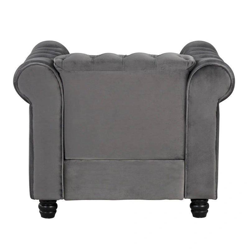 Fauteuil Chesterfield en velours beige/bleu/gris avec capitonnage, garniture cloutée et pieds en bois - Usage unique