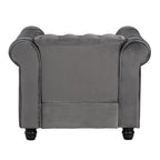 Fauteuil Chesterfield en velours beige/bleu/gris avec capitonnage, garniture cloutée et pieds en bois - Usage unique