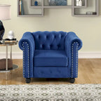 Fauteuil Chesterfield en velours beige/bleu/gris avec capitonnage, garniture cloutée et pieds en bois - Usage unique