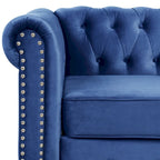 Fauteuil Chesterfield en velours beige/bleu/gris avec capitonnage, garniture cloutée et pieds en bois - Usage unique