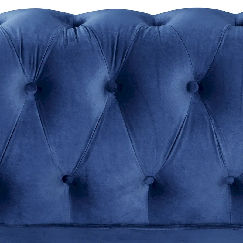 Fauteuil Chesterfield en velours beige/bleu/gris avec capitonnage, garniture cloutée et pieds en bois - Usage unique