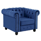 Fauteuil Chesterfield en velours beige/bleu/gris avec capitonnage, garniture cloutée et pieds en bois - Usage unique