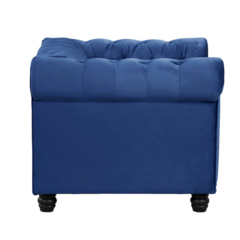 Fauteuil Chesterfield en velours beige/bleu/gris avec capitonnage, garniture cloutée et pieds en bois - Usage unique