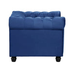 Fauteuil Chesterfield en velours beige/bleu/gris avec capitonnage, garniture cloutée et pieds en bois - Usage unique