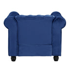 Fauteuil Chesterfield en velours beige/bleu/gris avec capitonnage, garniture cloutée et pieds en bois - Usage unique