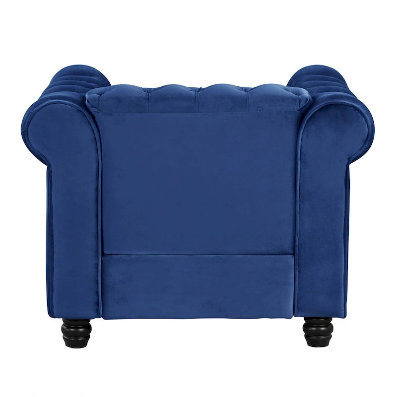 Fauteuil Chesterfield en velours beige/bleu/gris avec capitonnage, garniture cloutée et pieds en bois - Usage unique