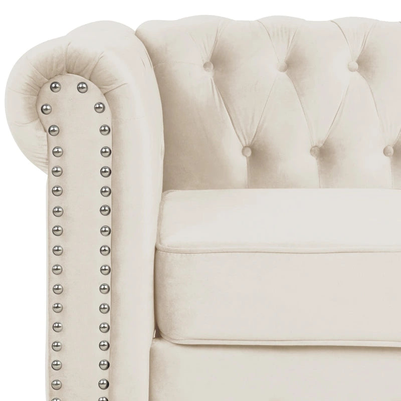 Fauteuil Chesterfield en velours beige/bleu/gris avec capitonnage, garniture cloutée et pieds en bois - Usage unique