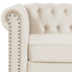 Fauteuil Chesterfield en velours beige/bleu/gris avec capitonnage, garniture cloutée et pieds en bois - Usage unique
