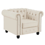 Fauteuil Chesterfield en velours beige/bleu/gris avec capitonnage, garniture cloutée et pieds en bois - Usage unique
