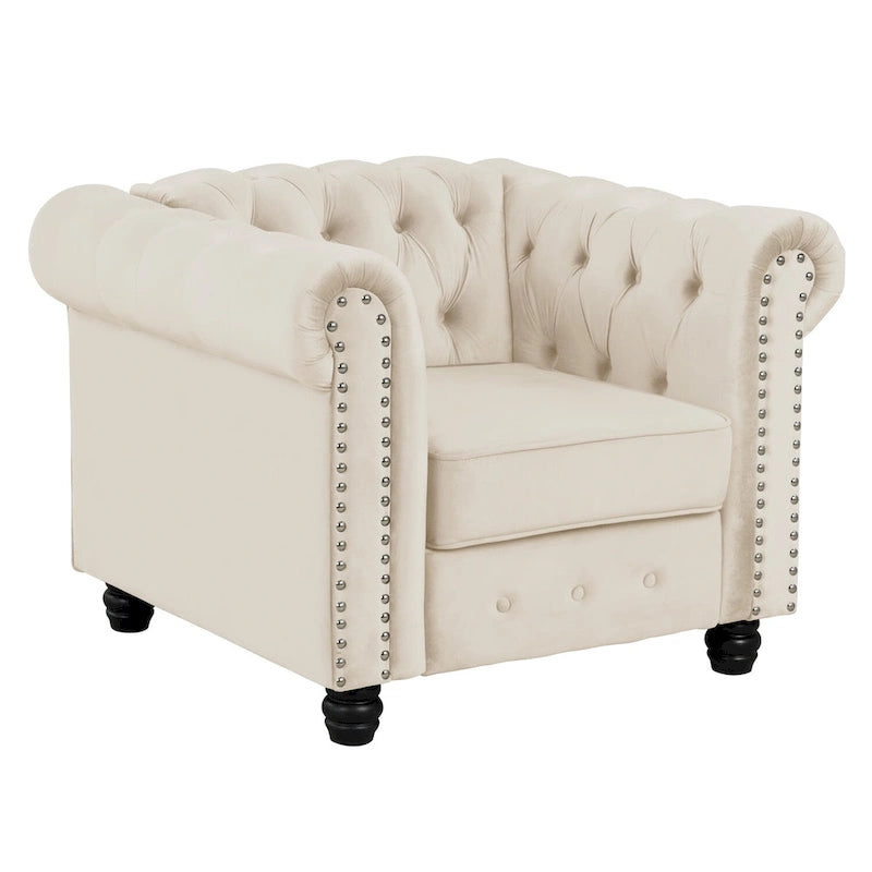 Fauteuil Chesterfield en velours beige/bleu/gris avec capitonnage, garniture cloutée et pieds en bois - Usage unique