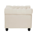 Fauteuil Chesterfield en velours beige/bleu/gris avec capitonnage, garniture cloutée et pieds en bois - Usage unique