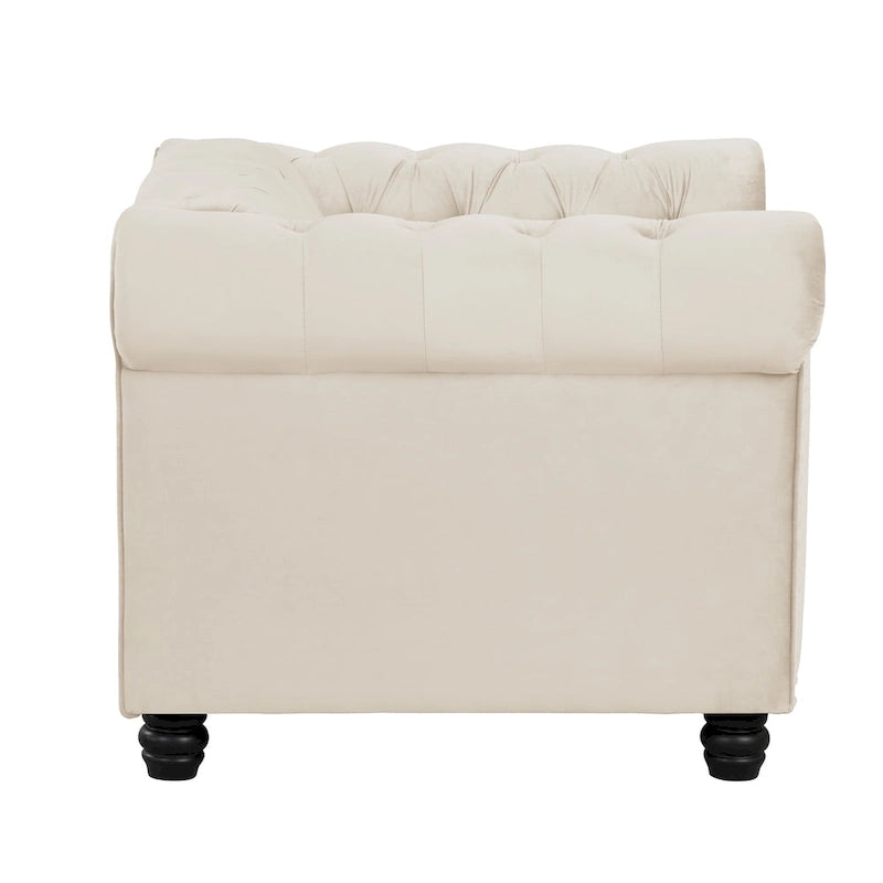 Fauteuil Chesterfield en velours beige/bleu/gris avec capitonnage, garniture cloutée et pieds en bois - Usage unique