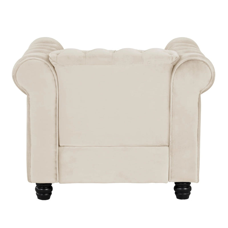 Fauteuil Chesterfield en velours beige/bleu/gris avec capitonnage, garniture cloutée et pieds en bois - Usage unique