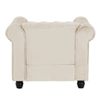 Fauteuil Chesterfield en velours beige/bleu/gris avec capitonnage, garniture cloutée et pieds en bois - Usage unique
