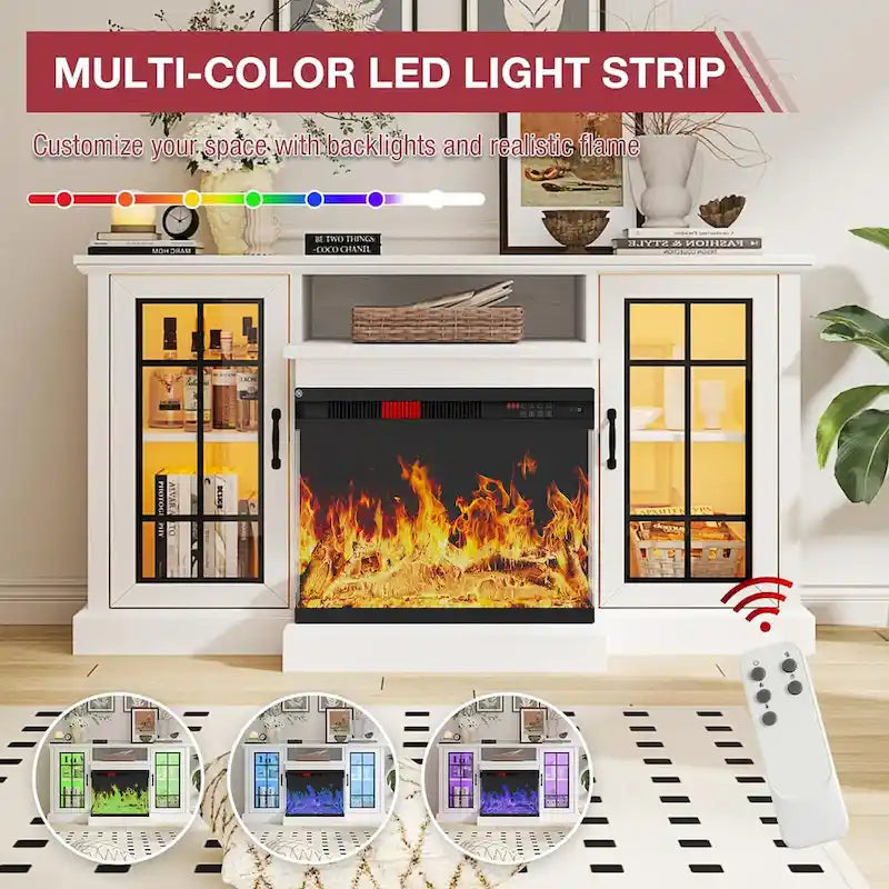 Meuble TV de style ferme blanc/gris avec cheminée électrique à 3 côtés en verre – Usage unique