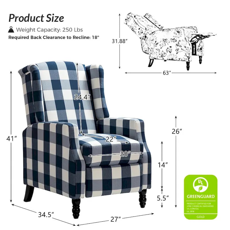 Noir / Oiseau / Rouge / Fleur / Jardin / Feuilles / Bleu / Indigo / Beige / Bleu marine Fauteuil inclinable manuel à dossier haut mi-siècle - Usage unique