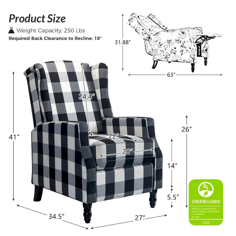 Noir / Oiseau / Rouge / Fleur / Jardin / Feuilles / Bleu / Indigo / Beige / Bleu marine Fauteuil inclinable manuel à dossier haut mi-siècle - Usage unique