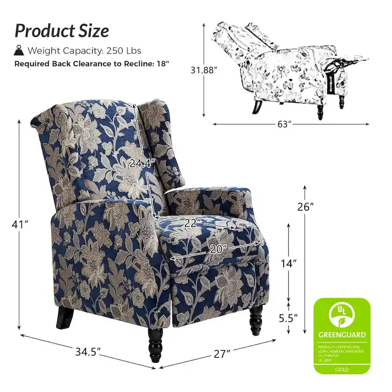 Noir / Oiseau / Rouge / Fleur / Jardin / Feuilles / Bleu / Indigo / Beige / Bleu marine Fauteuil inclinable manuel à dossier haut mi-siècle - Usage unique