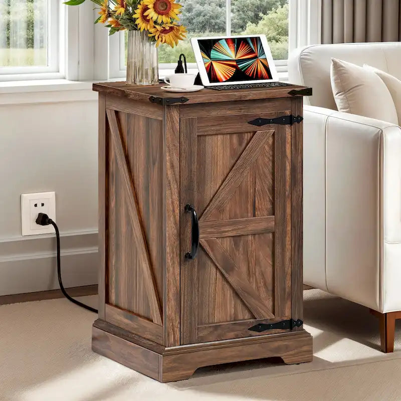Table d'appoint de ferme blanche et noyer avec station de recharge intégrée (2 ports USB + 2 prises) - Usage unique