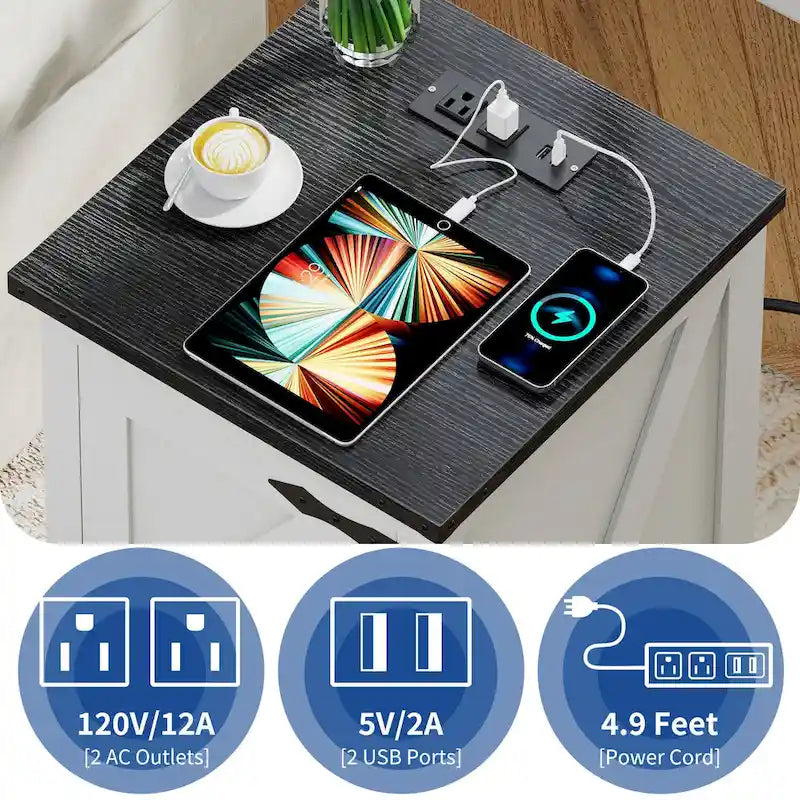 Table d'appoint de ferme blanche et noyer avec station de recharge intégrée (2 ports USB + 2 prises) - Usage unique