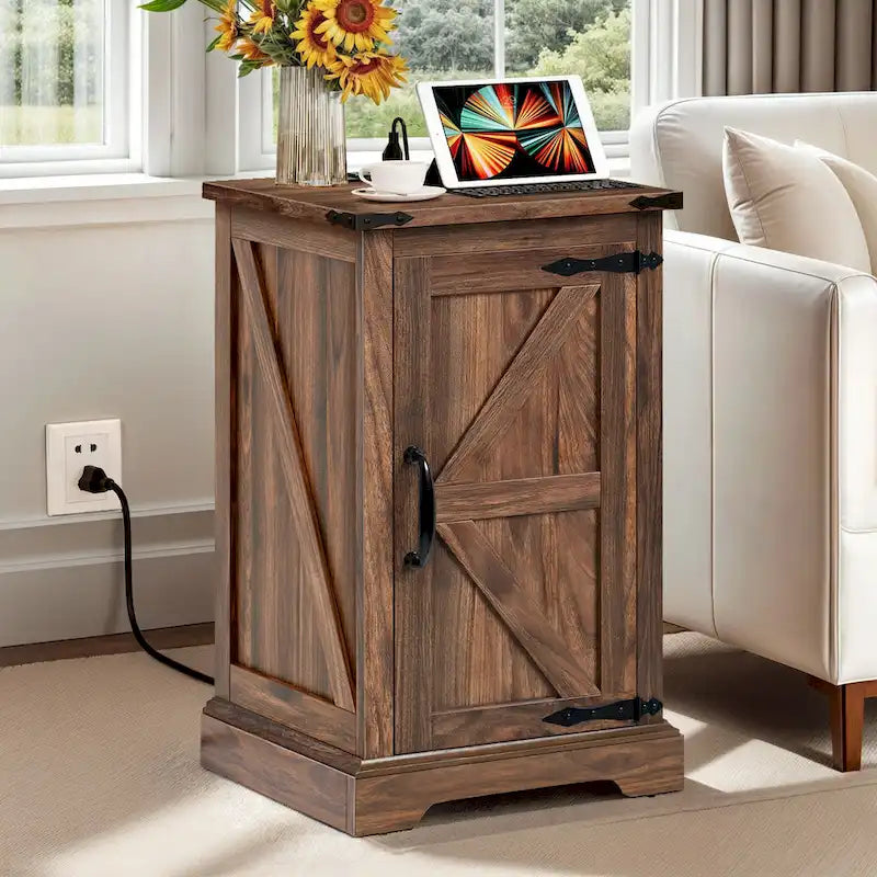 Table d'appoint de ferme blanche et noyer avec station de recharge intégrée (2 ports USB + 2 prises) - Usage unique