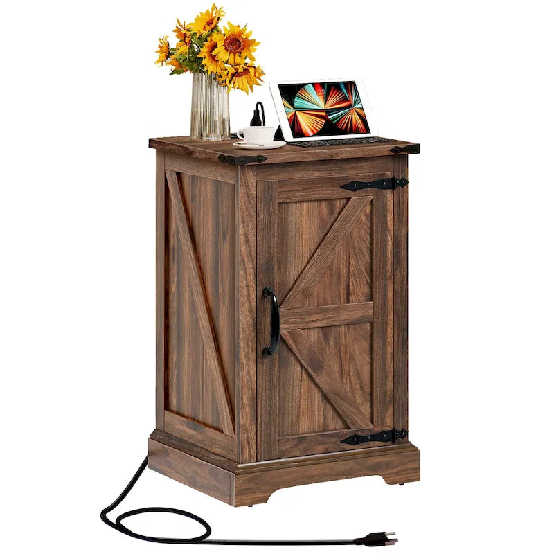 Table d'appoint de ferme blanche et noyer avec station de recharge intégrée (2 ports USB + 2 prises) - Usage unique
