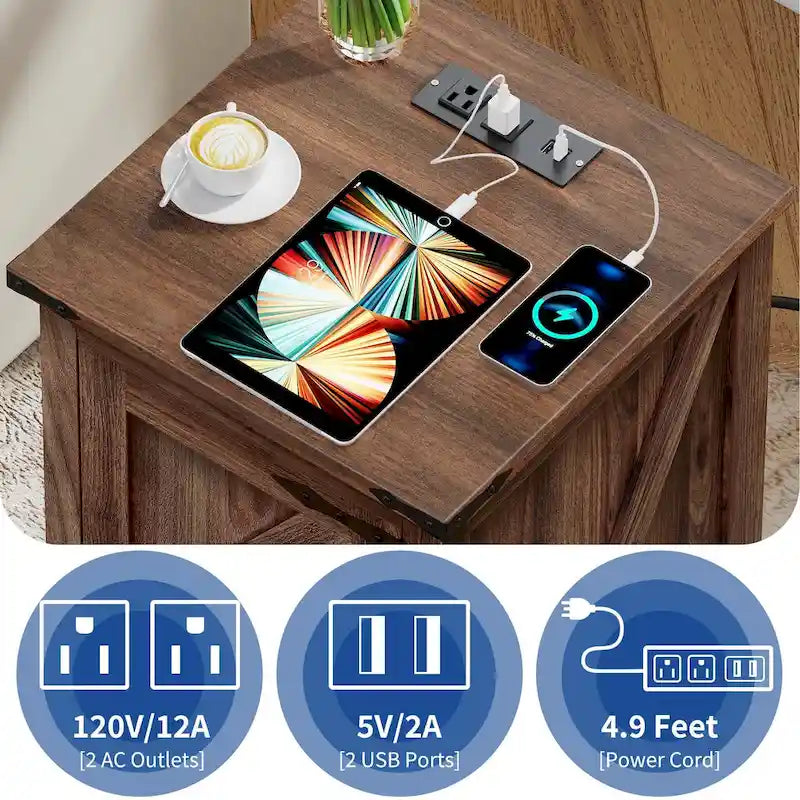 Table d'appoint de ferme blanche et noyer avec station de recharge intégrée (2 ports USB + 2 prises) - Usage unique