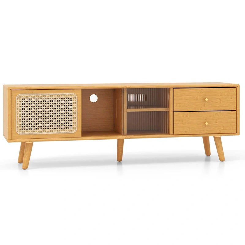 Meuble TV en Bambou Naturel/Marron avec Portes en Verre et Rotin & 2 Tiroirs - Usage Unique